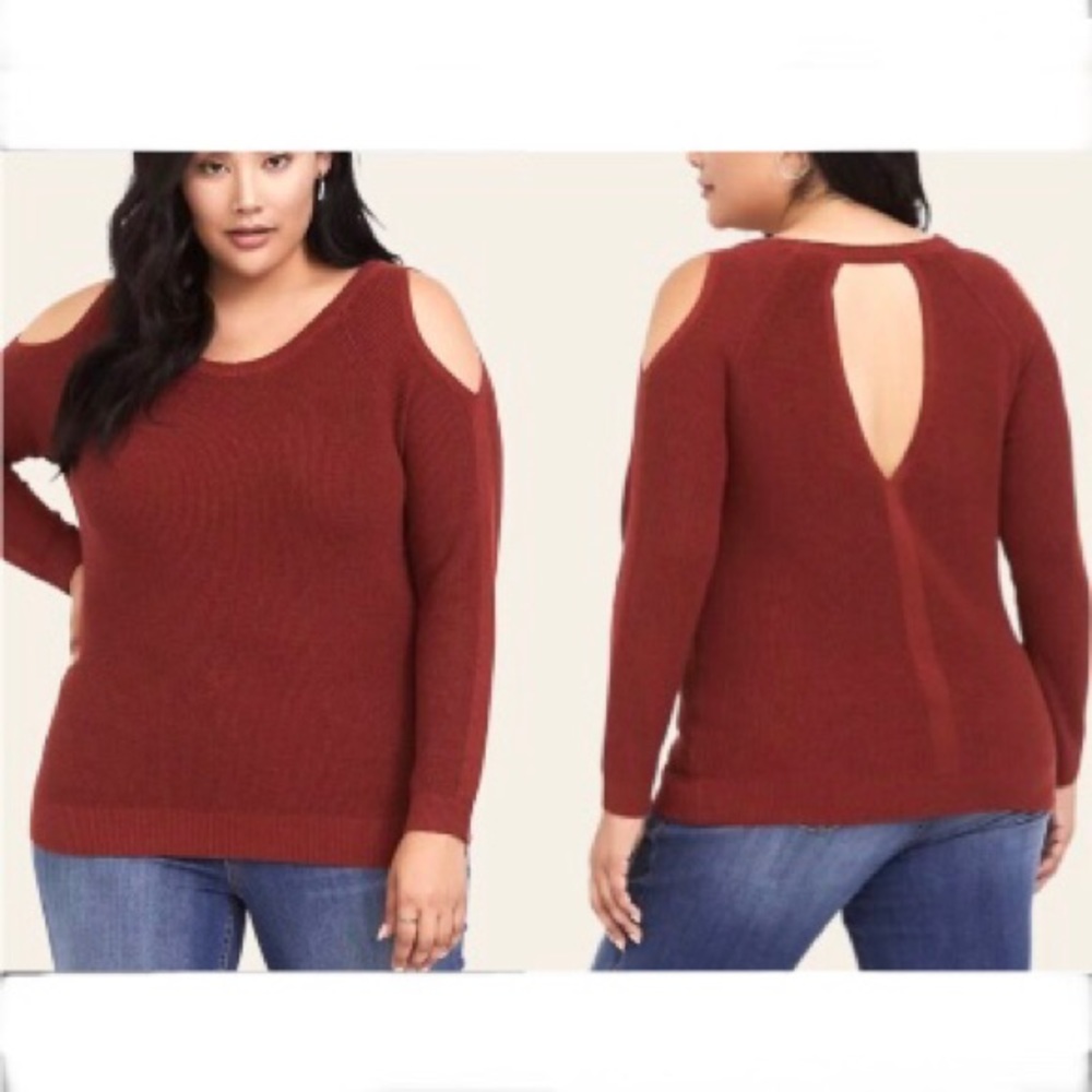 Torrid Brick Red Rust Cold Shoulder Keyhole Back Long Sleeve Sweater Fall Size 4